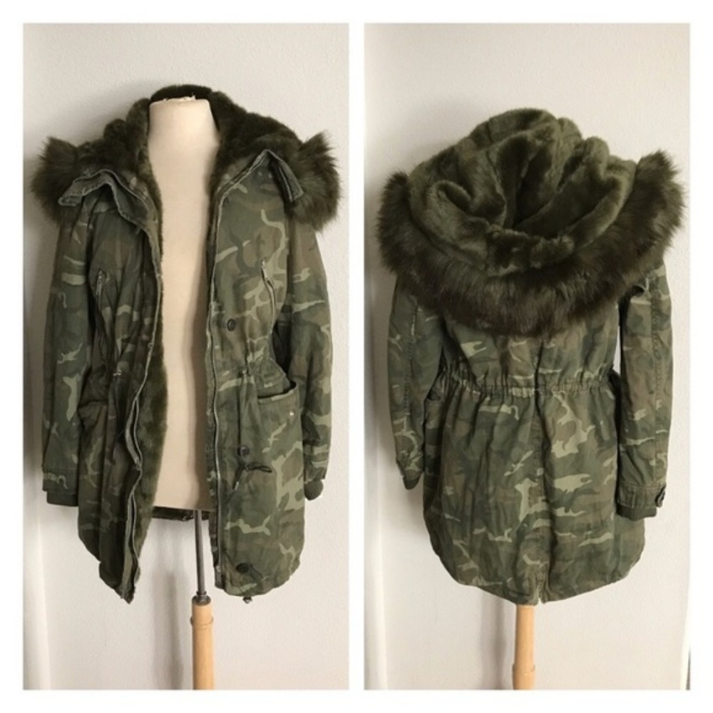 Zara Green Camouflage Parka with Faux Fur Trim